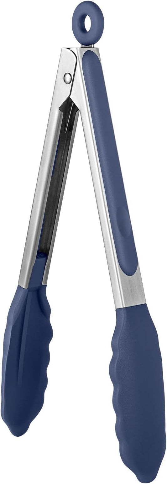 600ºF Heat Resistant Kitchen Tongs: U-Taste 9 in Silicone Cooking Tong with Firm Sealed Non Stick Rubber Tips & Silicon Coated 18/8 Stainless Steel Handle & Smooth Lock for Serving Grill-Midnight Blue by U-Taste