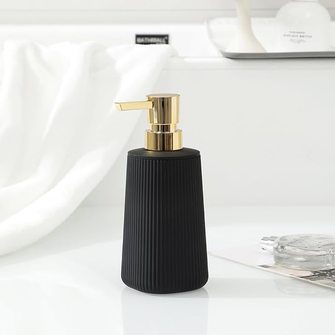 Small Soap Dispenser for Bathroom and Kitchen, Modern Farmhouse Striped Style Plastic Hand Soap Dish Soap Dispenser with Pump Matte Black and Gold - Image 4