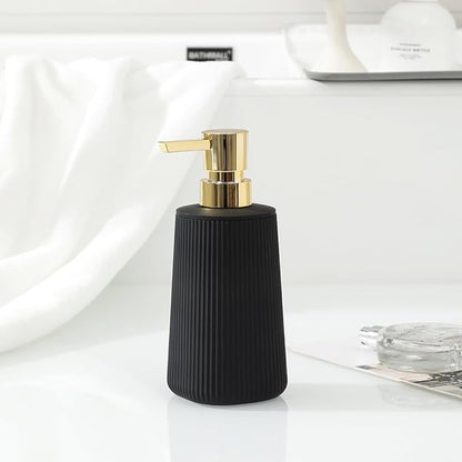 Small Soap Dispenser for Bathroom and Kitchen, Modern Farmhouse Striped Style Plastic Hand Soap Dish Soap Dispenser with Pump Matte Black and Gold - Image 4