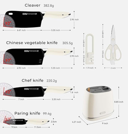 OOU Kitchen Knife Block Set - 15 Pieces High Carbon Stainless Steel Chef Knife Sets, Anti-Rust Black Knives Set with Sharpener，White
