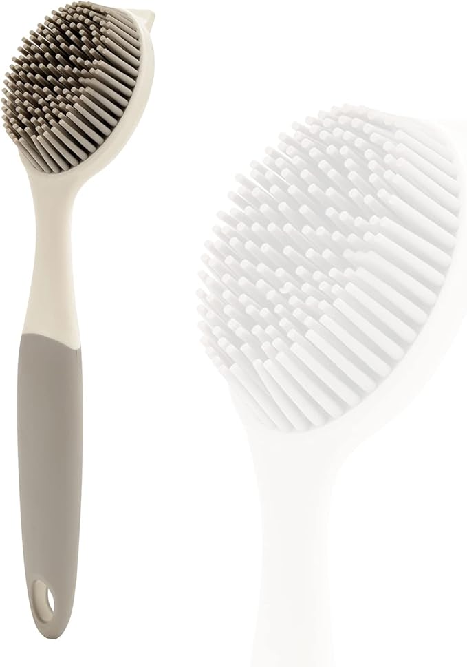 Dish Scrubber, Silicone Soft Bristles Scrub Brush with Scraper Tip, Comfortable Grip Brushes for Kitchen Sink, Pans, Pots, Skillet, Vegetable, Fruit, Potato Cleaning (White/Grey) by Unknown