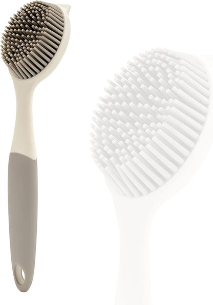 Dish Scrubber, Silicone Soft Bristles Scrub Brush with Scraper Tip, Comfortable Grip Brushes for Kitchen Sink, Pans, Pots, Skillet, Vegetable, Fruit, Potato Cleaning (White/Grey) by Unknown