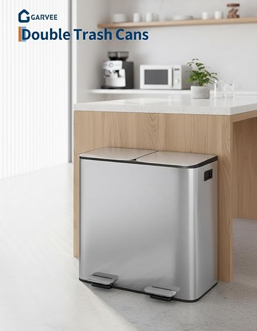 Garvee Double Trash Can, 2 x 10.6 gal (2 x 40 L) Garbage Can for Kitchen Dual Compartment Recycling Kitchen Step Trash Bin, Stainless Steel Trash and Recycle Bin Combo with Soft-Close Lid,Silver - Image 6