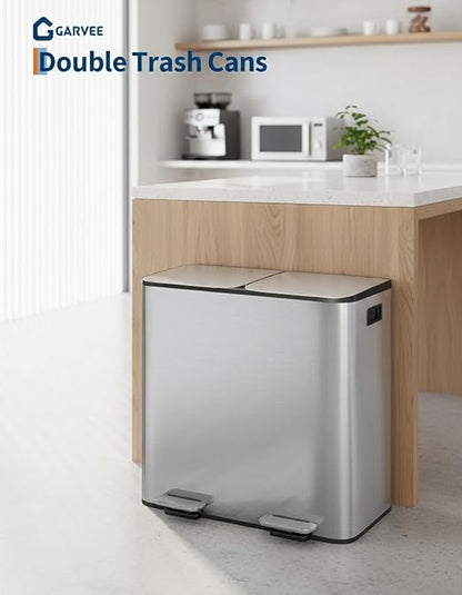 GarveeHome 2 x 8 gal Stainless Steel Double Trash Can with Lid for Kitchen, Large Dual Trash and Recycle Bin Combo, Step-on Kitchen Metal Garbage Cans, PP Inner Buckets, Liner Rim - Image 2