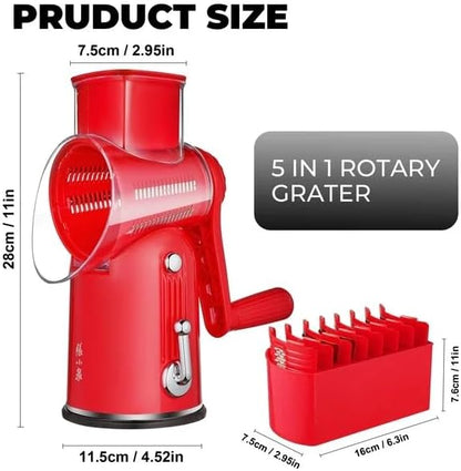 Rotary Cheese Grater Manual Hand Crank with 5 Blades & Suction Base, Kitchen Vegetable Shredder Slicer for Veggie, Nuts, Fruit, Red