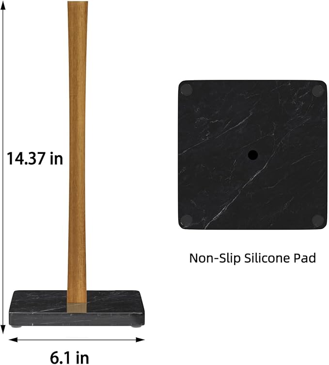 Buruis Wood Paper Towel Holder, Marble Base Modern Decorative Countertop Standing Rolls Holder for Kitchen, Toilet, Pantry and Bathroom (Square Marble Base Black) - Image 4