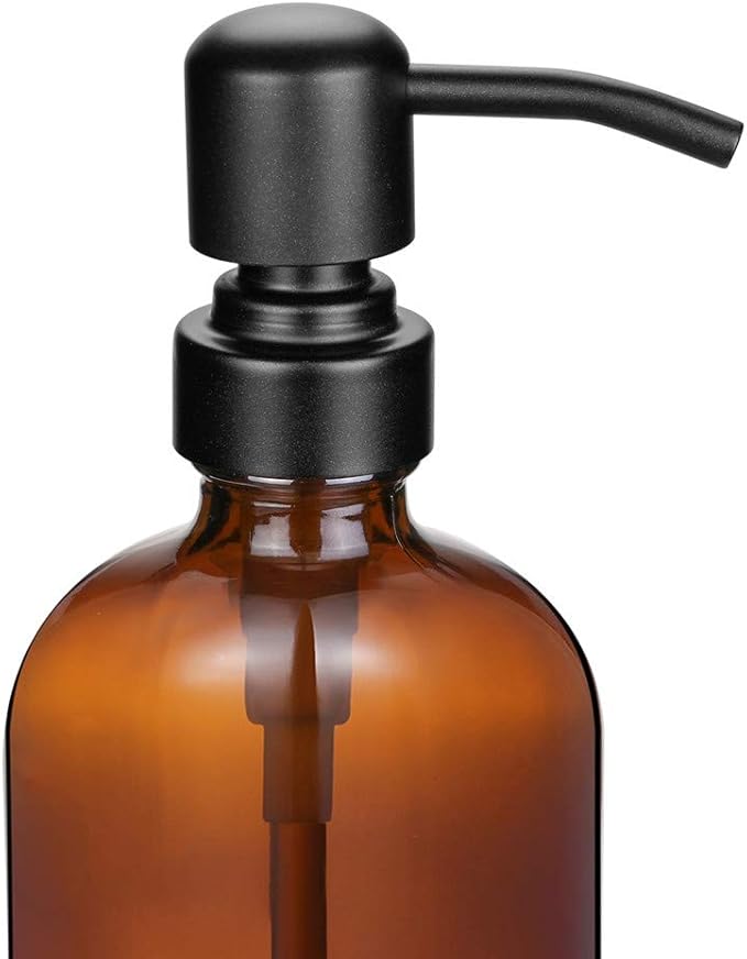 2 Pack Thick Amber Glass Pint Jar Soap Dispenser with Matte Black Stainless Steel Pump, 16ounce Boston Round Bottles Dispenser with Rustproof Pump for Essential Oil, Lotion Soap - Image 2