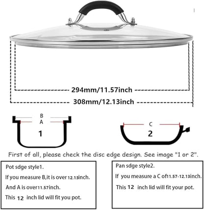 12 Inch Tempered Glass Lid for Lodge 12" Cast Iron Skillets & 7QT Dutch Ovens -Stainless Steel Handle and Rim (12 INCH LID)