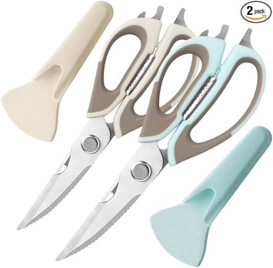 2 Pcs Heavy Duty Kitchen Shears for Food, Come Apart Design, Kitchen Scissors with Magnetic Holder, Stainless Steel Multi-function Food Cooking Magnetic Scissors for Fridge (White and Blue)