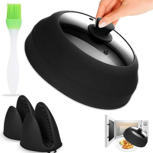 Microwave Splatter Cover Glass for Food - Large 10.8" Tempered Glass & Silicone Lid, Heat Resistant, Splatter Guard with Easy-Grip Handle (Black)