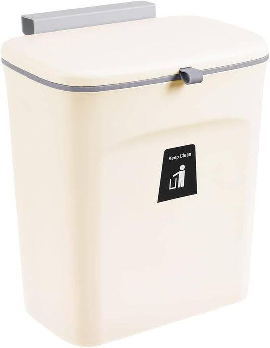 Tiyafuro 2.4 Gallon Kitchen Compost Bin for Counter Top or Under Sink, Hanging Small Trash Can with Lid for Cupboard/Bathroom/Bedroom/Office/Camping, Mountable Indoor Compost Bucket, Beige by Tiyafuro