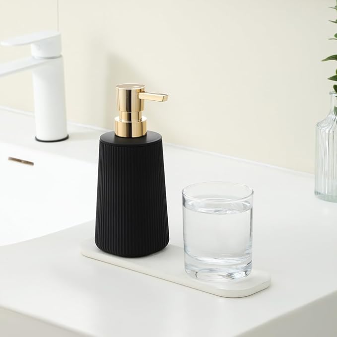 Small Soap Dispenser for Bathroom and Kitchen, Modern Farmhouse Striped Style Plastic Hand Soap Dish Soap Dispenser with Pump Matte Black and Gold - Image 2