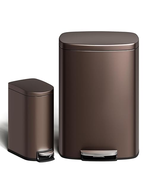 GarveeHome 13 Gal & 2.6 Gal Trash Can Combo Set, Kitchen Trash Can and Bathroom Trash Bin with Lid, Step-On Rustproof Garbage Bin with Inner Bucket, Brown by GarveeHome