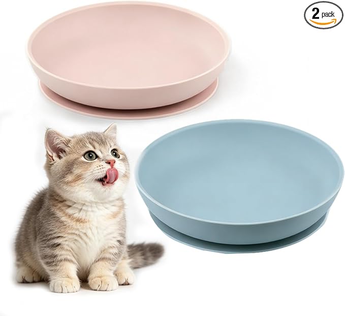 Meow&Woof Nonslip Pet Food Mat, 2 Pack Silicone Cat Food Bowl with Suction Cup Base, Shallow Dog Bowl, Waterproof Round Eating Tray for Dog Cat Puppy Kitten 7.8" x 7.8''