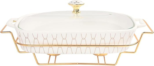 10" x 7" Ceramic Casserole Dish with Glass Lid and Rack, 40 ounce Serving Soup Tureen,Chafing Dish for Buffet, Family Food preserve Tray, Catering Casserole for Party Style, White