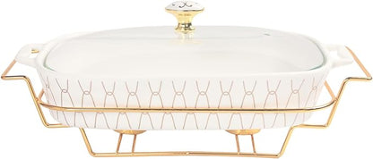13" x 9" Ceramic Casserole Dish with Glass Lid and Rack, 68 ounce Serving Soup Tureen,Chafing Dish for Buffet, Family Food preserve Tray, Catering Casserole for Party Style, White