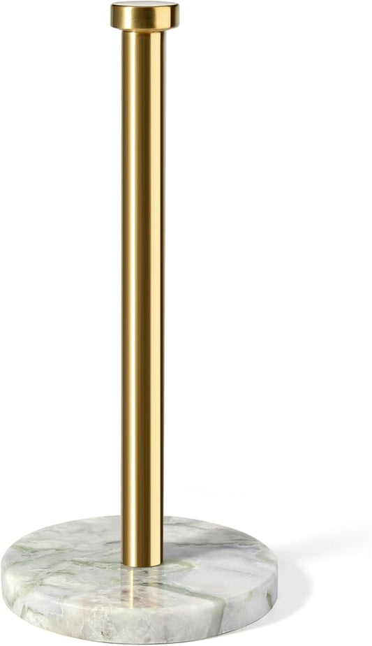 Koville Genuine Marble Paper Towel Holder Countertop, 6" Stone Base Gold Rod Paper Towel Holder Stand for Kitchen Storage, for Standard or Jumbo-Sized Rolls by Koville