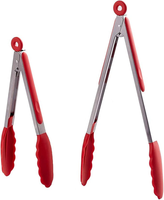 Kitchen Tongs Set of 2 – 9 inch & 12 inch – Stainless Steel Food Tongs with Silicone Tips – Premium Locking Non-stick Tongs for Cooking, BBQ, Grilling, Salad - Heavy Duty, BPA Free(Red) by HiramWare