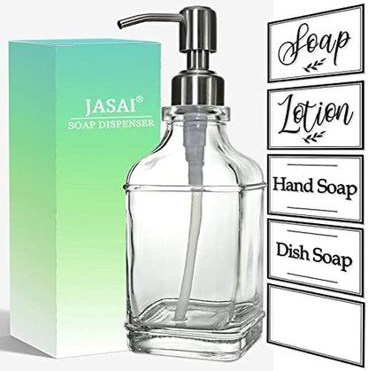 JASAI Antique Design Soap Dispenser with Rust Proof 304 Stainless Steel Pump, Refillable Glass Soap Dispenser with 10Pcs Clear Stickers, Premium Kitchen & Bathroom Soap Dispenser - Image 8