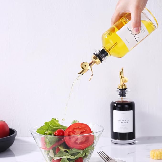 Molimoli Olive Oil Dispenser Bottle for Kitchen, Coffee Syrup Dispenser w. Weighted Pourer, Glass Bottle Dispenser for Kitchen with Ceramic Tray | Gold, 350ml, Set of 2 - Image 9
