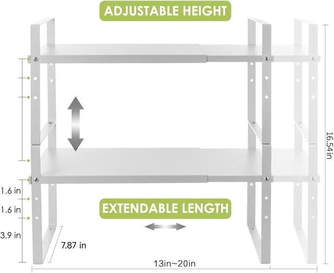 Across-Star Expandable Cabinet Shelf Organizer Rack, Stackable Kitchen Counter Storage Shelves Stand, Adjustable Height Pantry Shelf Spice Rack (White, 2 Pack) - Image 3