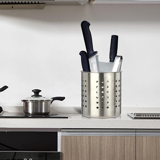 Saiveina Stainless Steel Utensil Holder Kitchen Holder Restaurant Cooking Utensil Holder for Forks Spatula, 5.3'' x 5.1" Round Utensil Organizer - Image 2