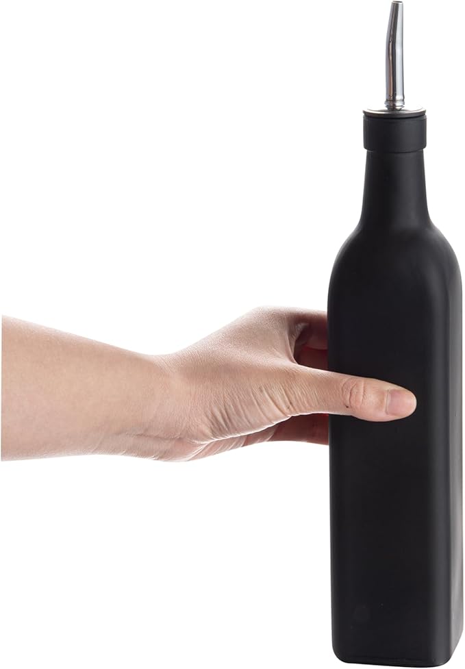 Restaurantware RW Base 16.9 Ounce Olive Oil Dispenser 1 Kitchen Oil Dispenser Bottle - With Stainless Steel Pourer Non-Leaking Black Glass Olive Oil Pourer For Cooking Or Salad Dressings
