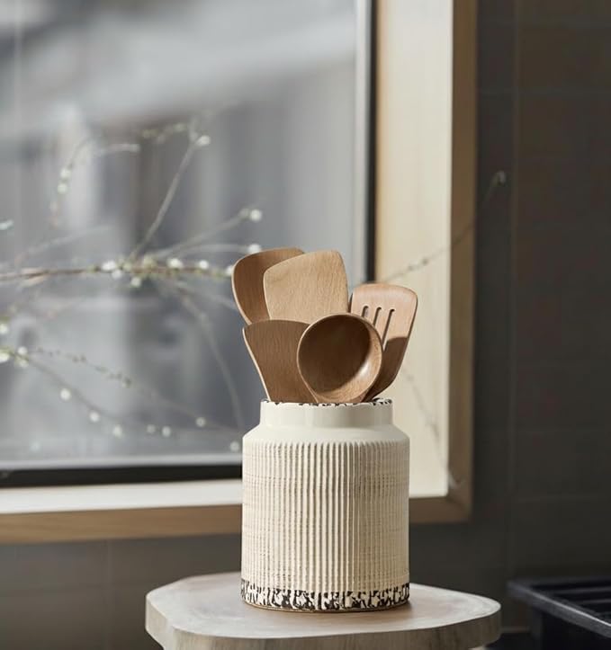 JIEMEI HOME Kitchen Utensil Holder, 6.77" Ceramic Farmhouse Stable Utensil Crock for Countertop, Vintage Style Cooking Tool Organizer with Cork Mat, Spatula Holder For Kitchen Decor, Antique Beige - Image 6