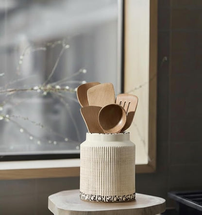 JIEMEI HOME Kitchen Utensil Holder, 6.77" Ceramic Farmhouse Stable Utensil Crock for Countertop, Vintage Style Cooking Tool Organizer with Cork Mat, Spatula Holder For Kitchen Decor, Antique Beige - Image 6