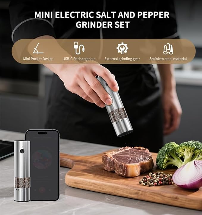 Mini Electric Salt and Pepper Grinder Stainless steel, USB Rechargeable, Small Automatic Salt Pepper Mill Grinder, Travel/Outdoor BBQ/Children, One-Button Control,External Adjustable Coarseness
