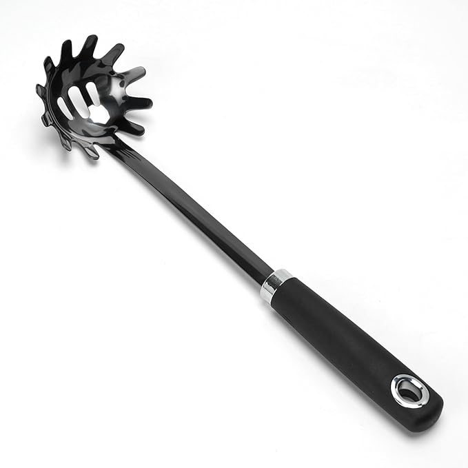 Stainless Steel Spaghetti Spoon, 13 Inch Pasta Server with Toothed Head and Comfortable Grip, Metal Pasta Fork for Serving Spaghetti, Linguine, Noodles, Ravioli and More, Black