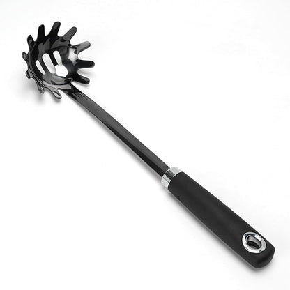 Stainless Steel Spaghetti Spoon, 13 Inch Pasta Server with Toothed Head and Comfortable Grip, Metal Pasta Fork for Serving Spaghetti, Linguine, Noodles, Ravioli and More, Black