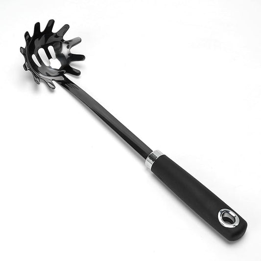 Stainless Steel Spaghetti Spoon, 13 Inch Pasta Server with Toothed Head and Comfortable Grip, Metal Pasta Fork for Serving Spaghetti, Linguine, Noodles, Ravioli and More, Black