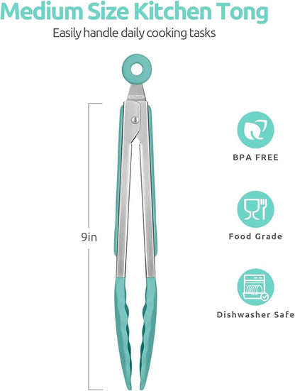600ºF Heat Resistant Kitchen Tongs: U-Taste 9 inch Silicone Cooking Tong with Firm Sealed Non Stick Rubber Tips & Silicon Coated 18/8 Stainless Steel Handle & Smooth Locking for Serving Salad-Aqua Sky - Image 2