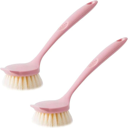 2 Pack Kitchen Dish Brush with Handle – Long Handle Scrubber with Tough Bristles, Pink