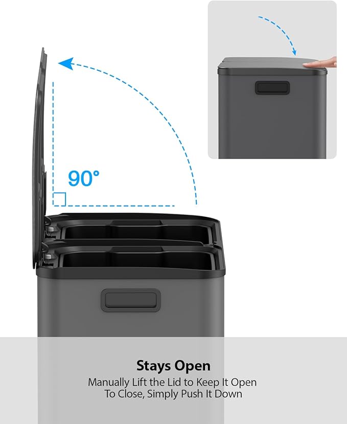 Lovewind Dual Trash and Recycling Bins for Kitchen, 2 * 11-Gallon Stainless Steel Double Trash Can, Step-On Garbage and Recycle Combo, Quiet Close, Pet-Proof, Compatible with 13-Gallon Bags, Grey - Image 7
