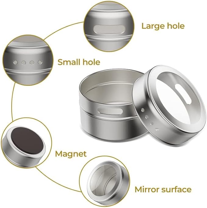 Vetacsion Set of 8 Magnetic Spice Tins with 2 Metal Wall-Plates,100 Preprinted Seasoning Label Stickers,2 Styles for 3 oz Herb Jars - Image 4