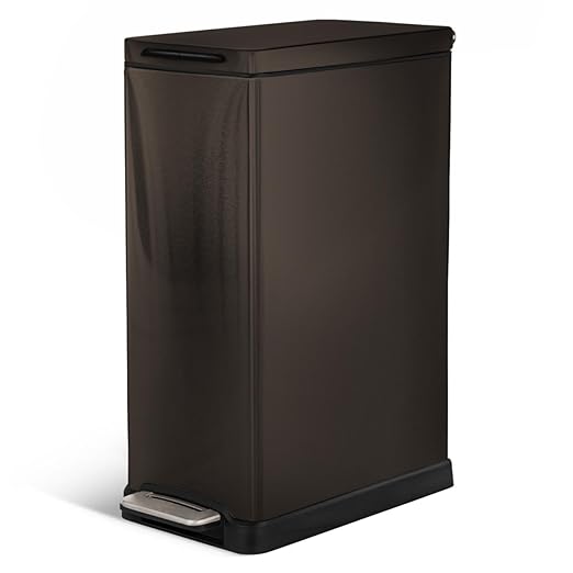 Home Zone Living 12 Gallon Slim Kitchen Trash Can with Soft Close Lid, Step Pedal, Bag Tuck Band, and Removable Liner, Stainless Steel, Black by HomeZoneLiving