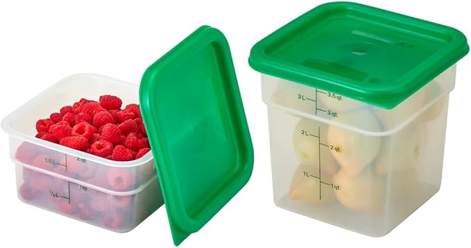 Cambro Food Storage Container with Lid (Microwave Safe and BPA-Free) - 2 Pack - Classic Series Square with Green Lid - 2 and 4 QT (Quart) - Commercial Grade for Food Prep (Translucent) by CambroManufacturing