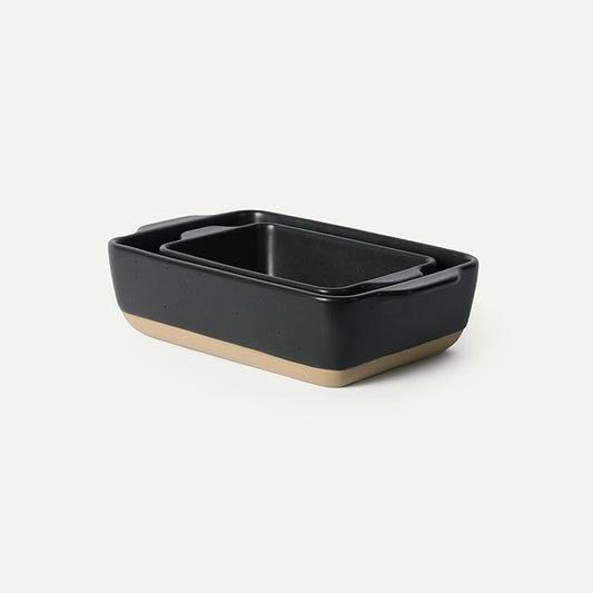 Mora Ceramic Set of 2 Baking Dishes For Casserole, Banana Bread, Brownies, Broiling, Roasting, and Baking. 7x11 in and Loaf Pans - Porcelain Serving Bakeware from Oven to Table. Freezer Safe - Liquorice by MORA