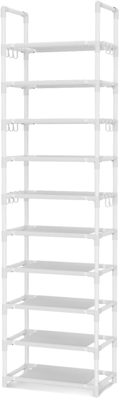 VTRIN 10 Tiers Tall Shoe Rack Holds 20-25 Pairs of Shoes Sturdy Vertical Shoe Organizer with 18pcs Hooks Stackable Narrow Shoe Rack for Closet, Entryway White - Image 8
