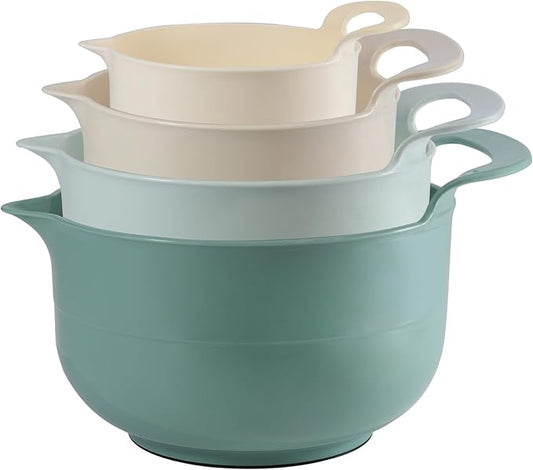 Mixing Bowls - 4 Piece Nesting Plastic Mixing Bowl Set with Pour Spouts and Handles - Non Slip Bottom and Measurement Markings (Light Green) by Cheeren