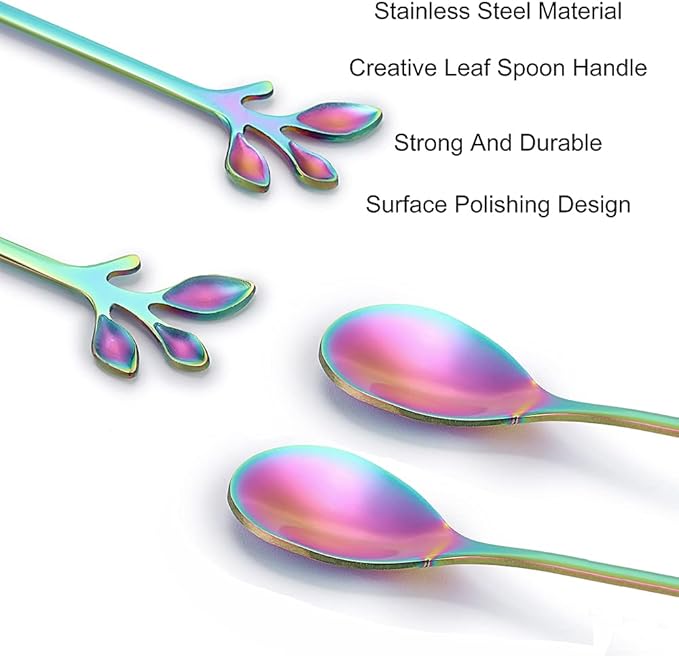 AnSaw Elegant Rainbow Leaf Coffee Spoons - 10-Piece, 4.7" Mini Stainless Steel Espresso & Dessert Tea Spoons, Perfect for Demitasse & Small Servings - Image 3