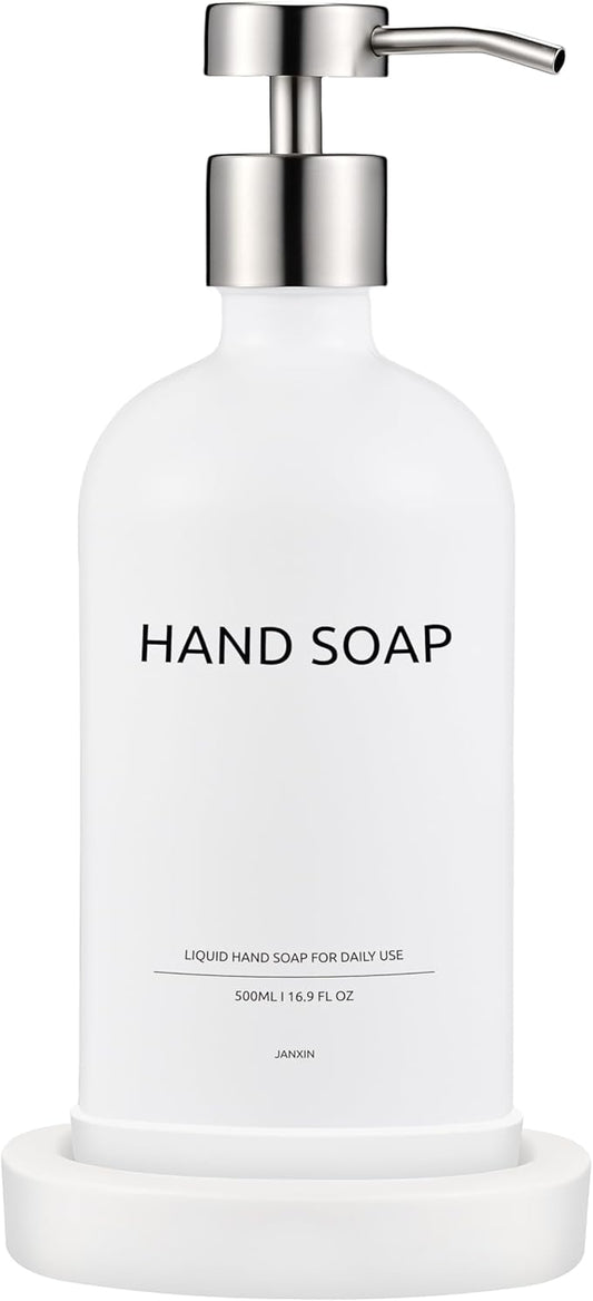 Glass Soap Dispenser Bathroom Set by Janxin, Foaming Kitchen soap Dispenser with Ceramic Tray for Dish Soap, Liquid Soap Dispenser for Hand Soap, Lotion, Body Wash (White+Silver)