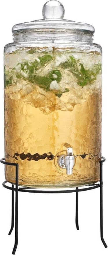 MosJos 3 Gallon Glass Drink Dispenser with Metal Stand & Lid – Hammered Beverage Dispenser with Leakproof Spigot, Wide Mouth for Easy Fill – Ideal for Parties, Lemonade, Iced Tea, Sangria & More by MosJos