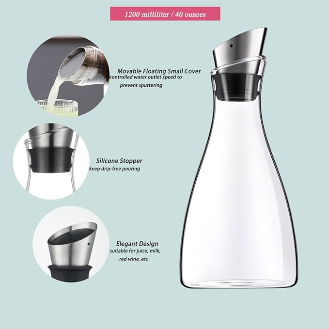 Purefold 44 Ounce Glass Carafe with Stainless Steel Lid, Ice Tea Pitcher, Juice jar, Tea & Coffee Maker, Perfect Drinkware for Hot and Cold Water Pitcher - Image 4