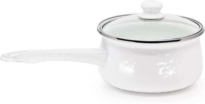 Golden Rabbit Enamelware Sauce Pan with Handle, 5 cup, Solid White Textured
