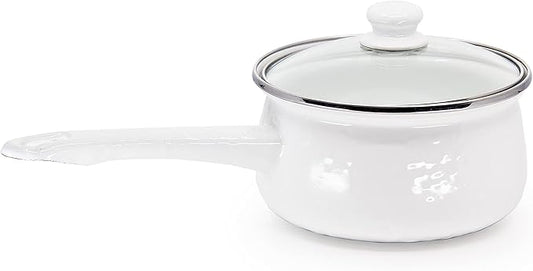 Golden Rabbit Enamelware Sauce Pan with Handle, 5 cup, Solid White Textured