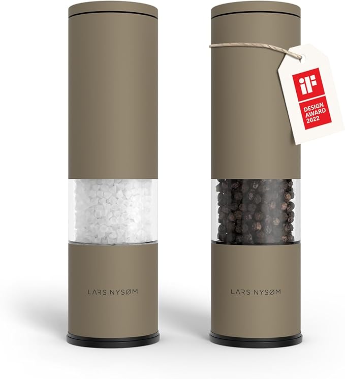 LARS NYSØM Salt and Pepper Grinder Set Manual, Stainless Steel Salt and Pepper Mills with Adjustable Ceramic Grinder I Design Spice Shakers (Taupe Brown) by LN