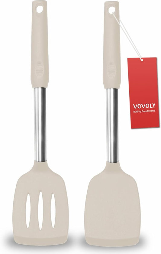 2 Pack Spatulas, Solid & Slotted Silicone Spatula Set, Stainless Steel Handle Coated with Silicone, Non Stick Turners, Heat Resistant Rubber Spatulas for Fish, Eggs, Pancakes, Khaki by VOVOLY